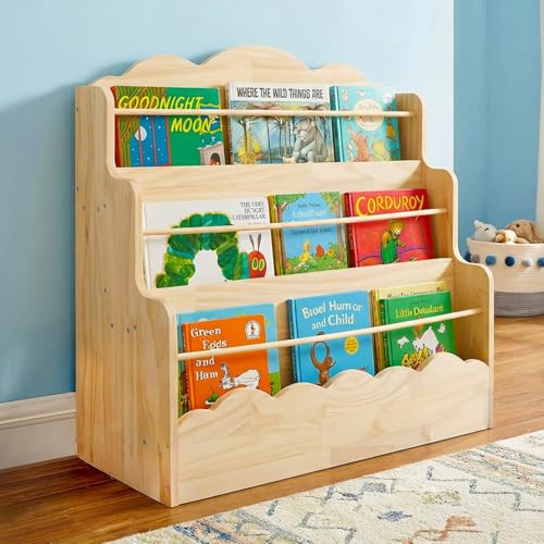 Image of Amdermi 3-Tier Scalloped Montessori Bookshelf for Kids, Solid Wood Front-Facing Toddler Bookcase, Low Children's Book Display Shelf for Nursery, Playroom, Classroom, Natura