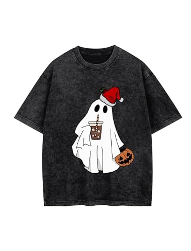 Santa Ghost with Pump and Coffee Vintage Women's Gym Shirt - Novelty and Fun Design, Washed Heavyweight Cotton Gym t-Shirt