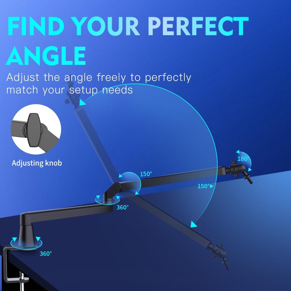 Low Profile Mic Arm 15cm Extra Riser Adjustable Mic Boom Arm Metal Desk Mounted Microphone Stand Cable Management Flexible Microphone Holder for Podcast Streaming Gaming Desktop