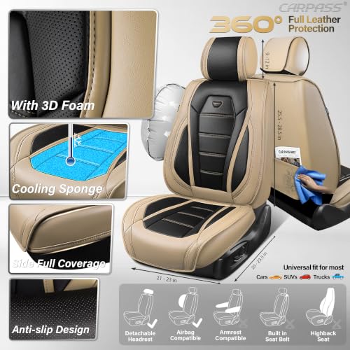 Image of CAR PASS Nappa Leather Car Seat Covers Full Set Faux Leather, Black Beige | Luxury Nappa Leather,360 Full Protection,Water resistant,3D Foam Comfort,Universal Fit for Most Cars SUV Truck,Scratch proof