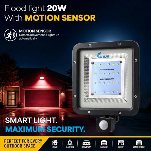 Image of Forus 20W LED Flood Light Red with Motion Sensor Auto On Off Day Night Mode Waterproof Outdoor Security Light for Garden Parking Garage Factory Warehouse Shop High Bright Floodlight 4Yr Warranty