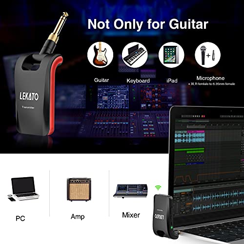 Image of LEKATO Wireless Guitar System 2.4GHz Rechargeable Audio Wireless Transmitter Receiver 6 Channels for Guitar Bass Electric Instruments, Stereo and Mono 1 /4 inch & 1 /8 inch 2 in 1 Plugs,Black(WS-60)