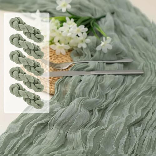 Lot de 5 chemins de table en étamine - Vert sauge - Chemin de table - Style bohème - Pour mariage, fête, salon, cuisine, chambre à coucher, fête...