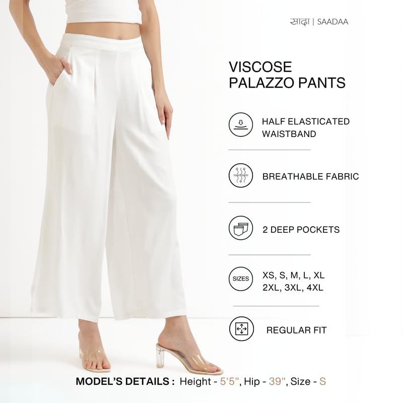 Image of SAADAA Palazzo Pants for Women Half-Elasticated Waistband | Palazzo for Women in Soft Viscose Fabric | Regular Fit with Mid Rise Waist & Deep Pockets | Versatile for Formal & Casual Wear