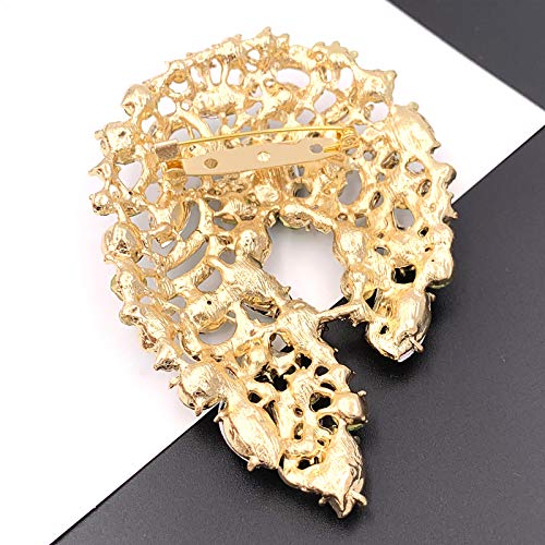 Image of SELOVO Big Large Rhinestone Green Leaf Statement 3.5 inch Brooch Pin Scarf Broach Gold Tone