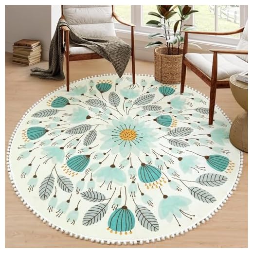 Uphome Round Rug for Bedroom 4' Circle Cute Area Rug with Pom Poms Fringe Floral Plant Washable Throw Rugs Non-Slip Soft Floor Mats for Entryway Laundry Living Room Kids Room Nursery