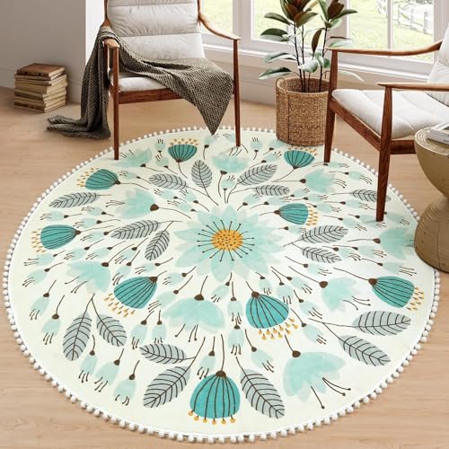 Image of Uphome Round Rugs for Living Room 6ft, Washable Large Circle Rug for Bedroom, Blue Fringe Floral Plant Area Rug, Cute Non-Slip Round Carpet for Kidsroom Nursery Classroom