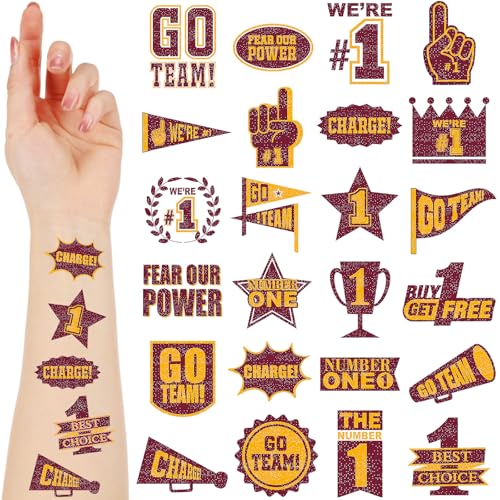 Landhoow Burgundy Yellow 240 Pcs School Spirit Tattoos Football Spirit Item