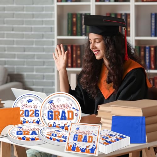 Graduation Plates and Napkins, Serve 50, Blue and Orange Graduation Decorations Paper Plates Napkins, Congrats Grad Party Dinnerware Set for Graduation Decorations Class of 2026 Orange and Blue by CMUSKO - Used condition - Image 6