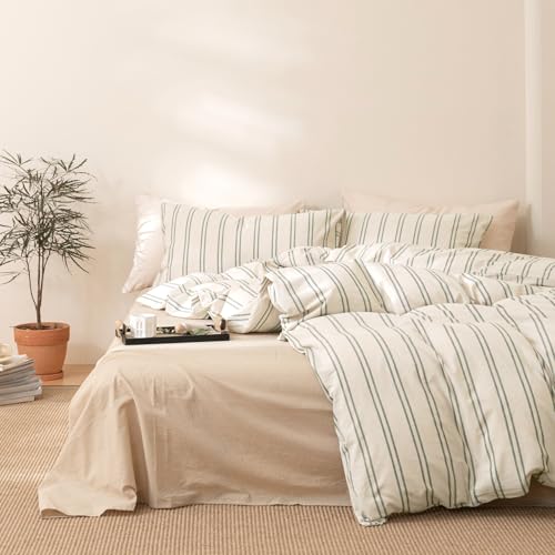 Image of VM VOUGEMARKET Full Beige Duvet Cover Set Green Gray Striped Bedding Set Soft Washed Cotton 3 Pieces Dark Green Vertical Ticking Stripes Comforter Cover with Zipper Closure-80x90 Inch