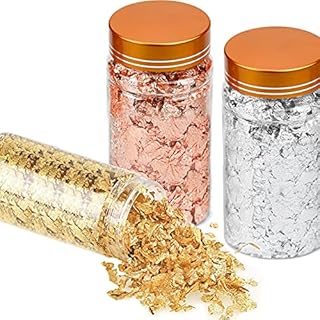 Gold Leaf Flakes, 3 Bottles Imitation Gold, Silver, Copper Colours Metallic Leaf Foil Flakes for Resin Jewelry, Painting, Crafting, and Nail Art 5g / Bottle