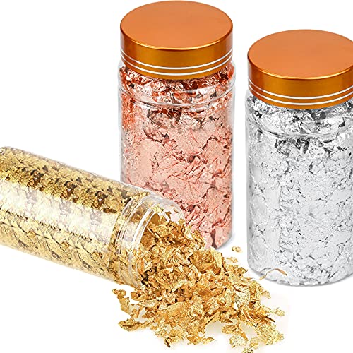 3 Botellas Copos de Oro Manualidades, Hojuelas de Pan de Oro Para Arte de Uñas Manualidades Arte de Resina Pintar - 5g/Botella (Oro, Plata, Oro Rosa) Cover