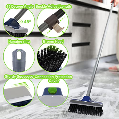 Floor Scrub Brush With Long Handle 59",2 In 1 Scrape Brush Stiff Bristle Shower Scrubber,Deck Brush With Squeegee,Push Broom For Cleaning Bathroom,Carpet,Tub,Patio,Garage,Tile #TOP4