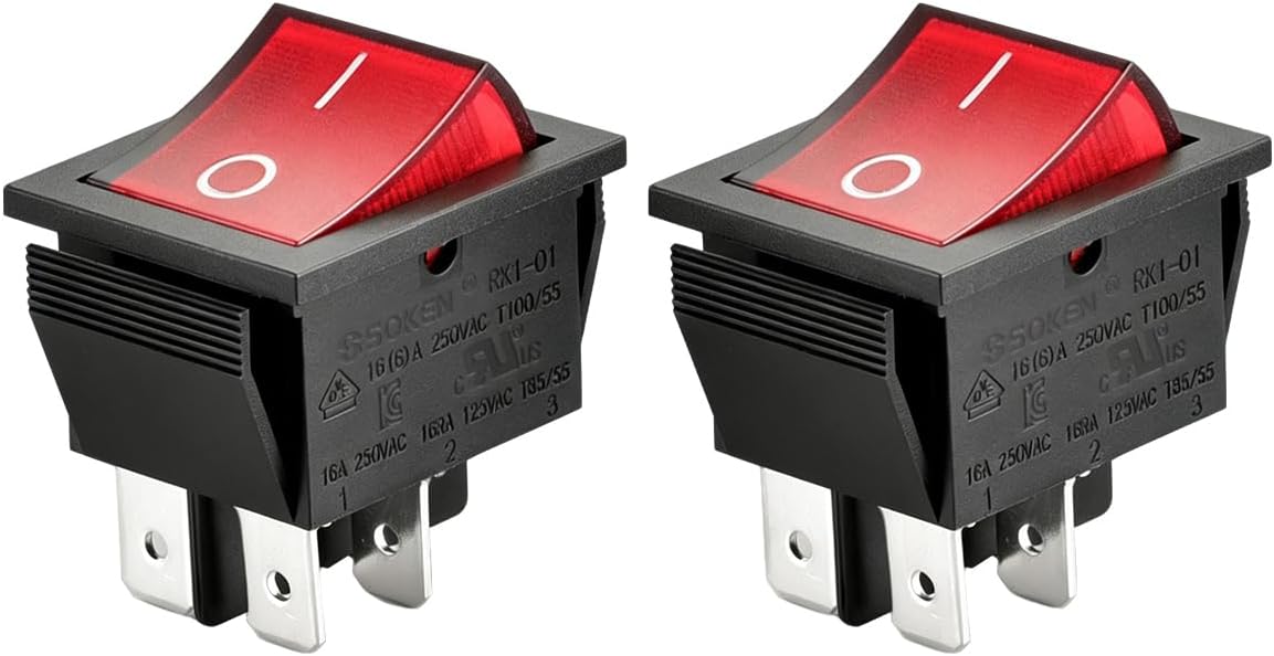 Heschen Rocker Switch ON-Off DPST 4 Terminals Red Light 16A 250VAC 2Pack