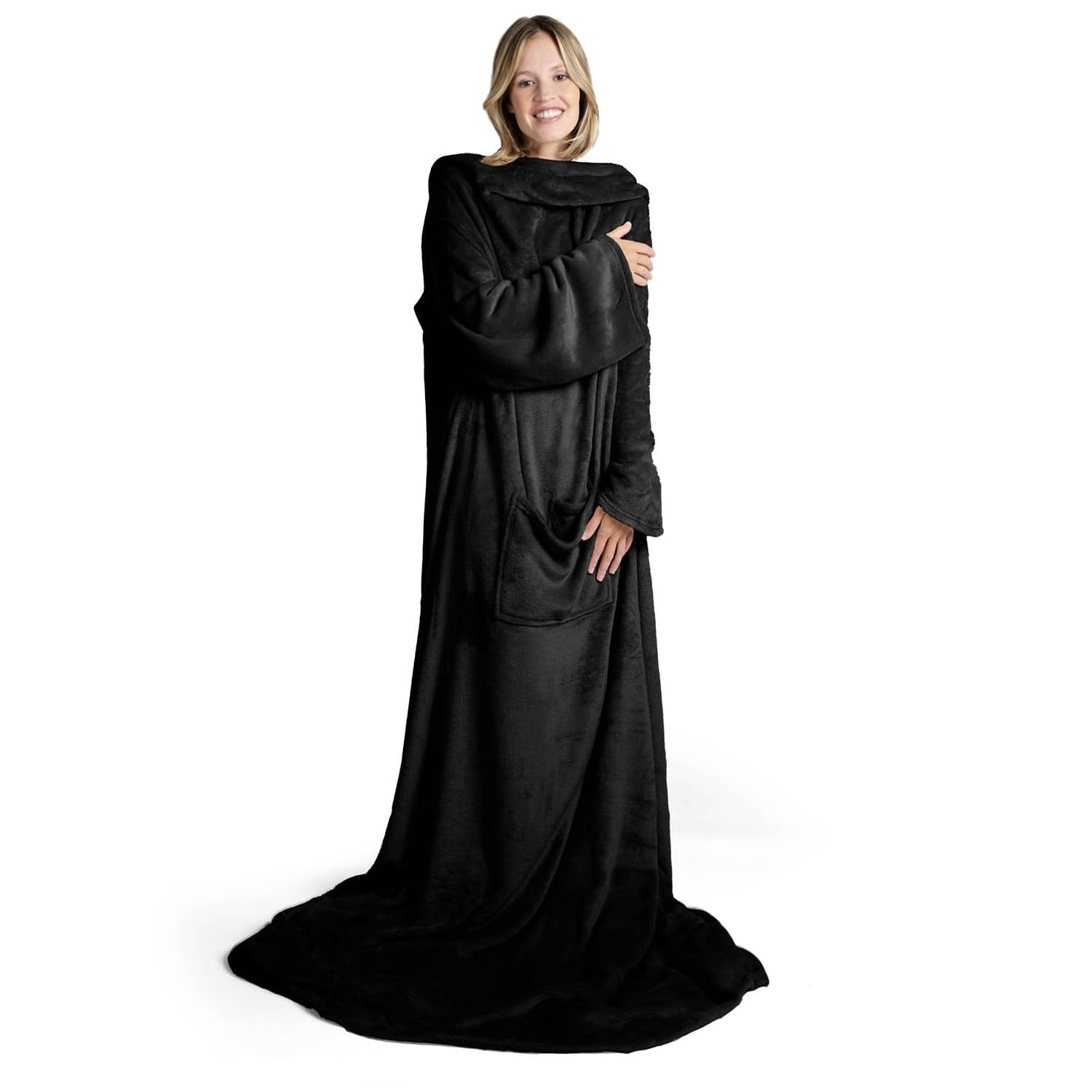 Blumtal Coperta con Maniche Donna con Pratiche Tasche - Plaid con Maniche e Tasca per i Piedi - Plaid Pile Morbido e Caldo - Certificata OEKO-TEX - 170X200cm, Nero