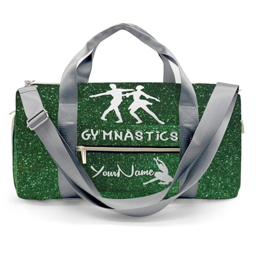 Personalized Name Sports Duffel Bags Gymnastics Green Bling Print Gymnastics Travel Perform Training Casual Bag for Boys Girls