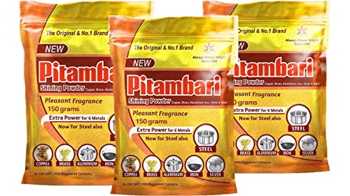 Image of Pitambari shining Powder For six metals (Copper, Brass, Aluminium, Iron, Silver, Steel) Bartan Bar Soap for Puja Utensils Dish washing powder Pack 3(150gms)