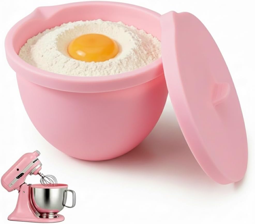 Silicone Bowl Liners Compatible with Kitchen Aid 5 Qt Tilt-Head Mixers, Food-Grade Non-Stick Inserts with Lids, Dishwasher-Safe Reusable Bowl Accessories (Pink)