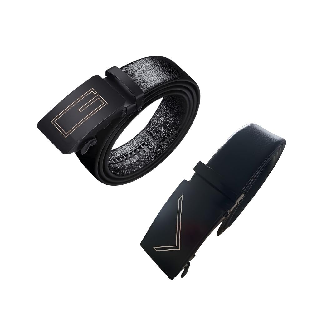 medsin Men's Vegan Leather Belt for men Auto Lock Formal Casual Boys Gents Width-35mm - Black Pack of 2 Combo Set-picture-30