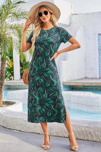 Image of Naggoo Summer Dresses for Women Short Sleeve Side Slit Long T Shirt Dress Beach Sundress Travel Vacation Outfits with Pockets