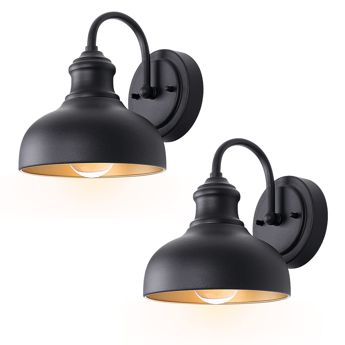 GOALPLUS Wall Light Outdoor Gooseneck Barn Light 7In. Dome Exterior Farmhouse Porch Light with Wall Mount in Matte Black with Brass Interior, Outside Cottage Light E26 Bulb MAX. 60W 2 Pack, LM2205-2P