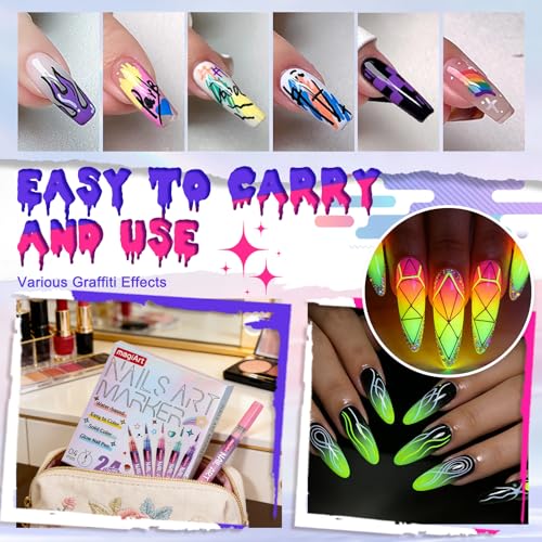 Image of 24 Color Nail Art Pens, Classic & Neon Nail Markers Set 0.5 MM Fine Tip Nail Polish Pens Drawing Painting Point Liner Painted Pen Kit, Waterproof DIY Nails Art Design Manicure Tools