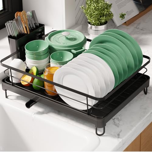 Kitsure Dish Drying Rack for Kitchen Counter, Stainless Steel Sink Organization and Storage Essentials with Cutlery Holder, Home and Appartment Decor, 12.7''W x 16.7''L, Black