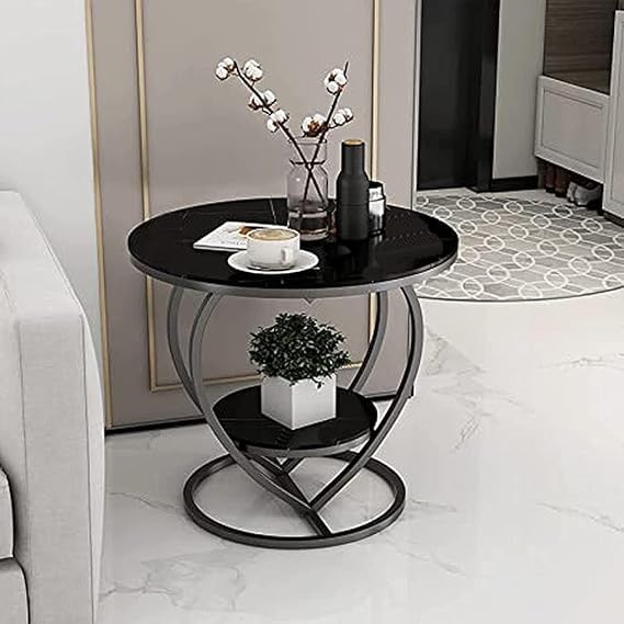 SS CRAFTMAKERS Living Room Round Coffee Table, Farmhouse Heart-Shaped Coffee Table with Storage Shelf, 2-Tier Modern Center Table Featuring a Wooden Top and Marble Finish (Black)