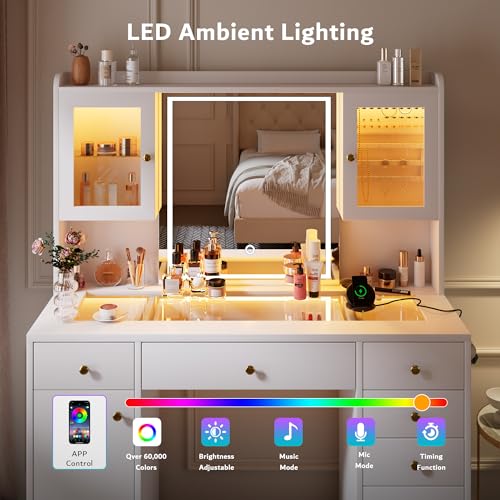 Image of iPormis Vanity Desk with Mirror and Lights, Glass Top Makeup Vanity with RGB Light and Power Outlet, Dressing Table Mirror with 3 Lighting Colors, 7 Drawers, 3 Cabinets, White Vanity for Bedroom