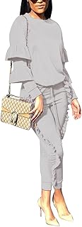 KANSOON Women 2 Pieces Outfits Puff Sleeve Top and Long Flounced Pants Sweatsuits Set Tracksuits