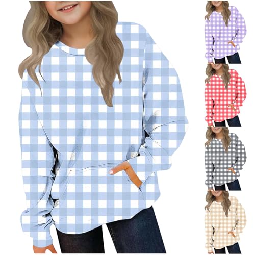 Girls Casual Plaid Crewneck Sweatshirt Long Sleeve Loose T-Shirts Kids Pullover Tee Tops with Pocket for Boys 2-12 Years2