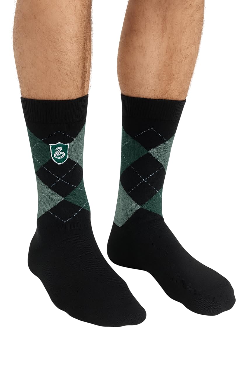 Gwcc Unisex Black Licensed Harry Potter Slytherin Argyle Knitted Socks | Embroidered Slytherin Crest | Size Uk 6-11 | Soft Cotton Blend Hogwarts House Socks