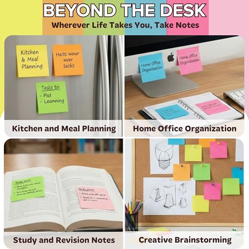 Sticky Notes 3x3 (12 Pads/1200 Sheets) – 2026 Improved Adhesive, Super Sticky & Bright Neon Colors – 1200 Sheets – Ideal for School, Office & Desk Supplies