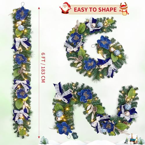 GarveeHome 6ft Christmas Garland with Lights for Mantle, Prelit Outdoor Xmas Garland with 20 LED Lights Timer Blue Ball Ornaments, Battery Operated, for Fireplace Stair Railing Indoor Holiday Decor