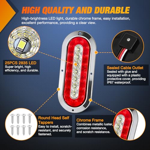Image of Nilight Trailer Tail Lights 2PCS 6Inch Oval 23LED Red White Chrome