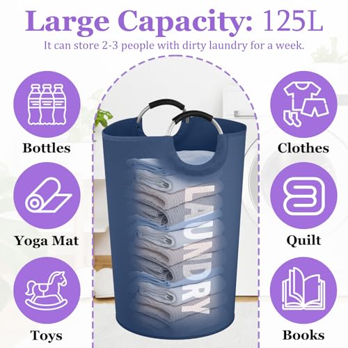 Image of 125L Collapsible Laundry Basket with Handles, Extra-large Laundry Hamper for Bedroom, Freestanding Dirty Clothes Basket, Sturdy Laundry Bin for Living Room, Camping, Navy Blue
