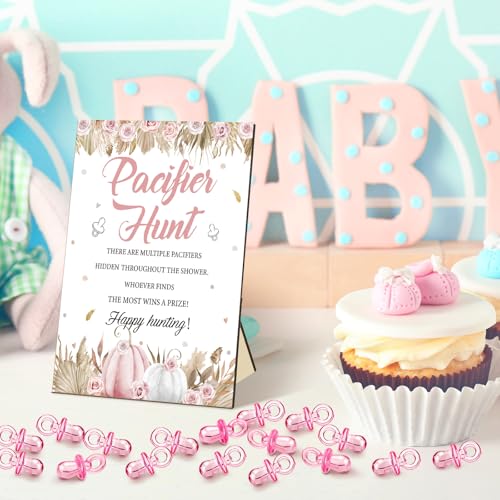 Image of Thyle 51 Pcs Boho Pink Pumpkin Pacifier Hunt Fall Little Pumpkin Baby Shower Games Include Hunt Sign and 50 Acrylic Pacifiers for Baby Shower Decoration Gift Sets Gender Reveal Autumn Party Decor