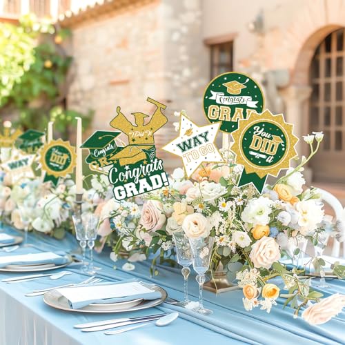 Image of 2026 Graduation Party Decorations - 24 Pcs Class of 2026 Congrats Grad Table Centerpieces Graduation Table Decorations Sticks Table Toppers for Graduation Party (Green Gold)