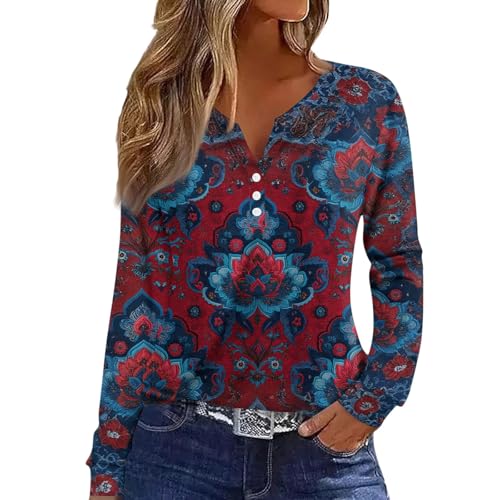 Hemd Damen Damen Pullover Langarm V-Ausschnitt Knopf Tunika Oberteile Elegant Henley Blusen Kausales Lose T Shirts Hemdbluse Lang S-XXL Blau XXL
