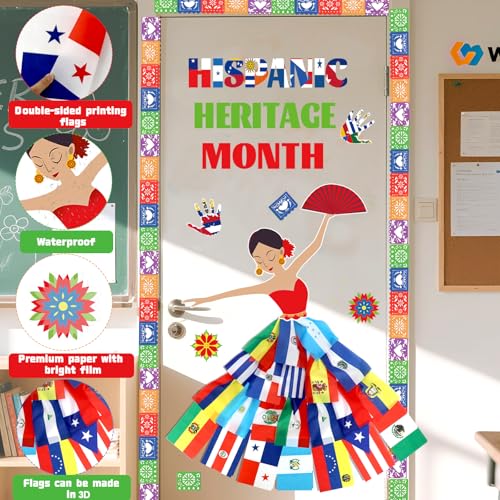 Image of Hispanic Heritage Month Decorations Bulletin Board Set, Spanish Heritage Month Bulletin Board with Latin American Flags Board Border Paper Flowers, Spanish Classroom Decor for Door Wall Party Supplies