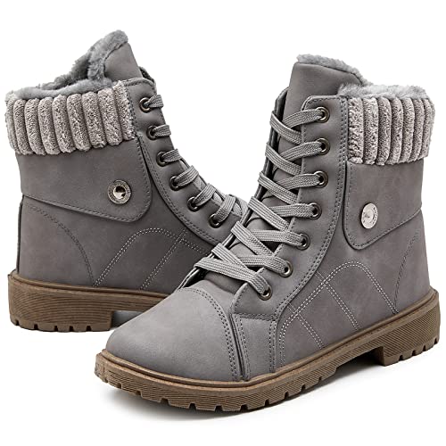 Waluzs Women's White & Black Ankle Combat Boots - Fuzzy Lace Up Snow Boots For Winter