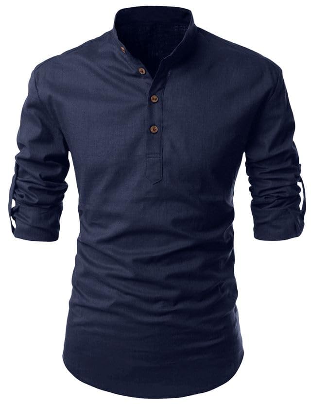 Image of Fifth U Men's Cotton Polyester Blend Solid Mandarin Collar Self Design Full Sleeve Casual Short Kurta