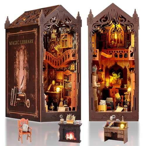 FASTSPOK DIY Book Nook Kit: 3D Wooden Puzzle Shelf Insert with LED Light - Miniature Dollhouse...