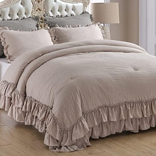 Masaca Taupe Ruffled Comforter Set for Queen Bed,3 Pieces Vintage Farmhouse Shabby Bedding Set Lightweight Ultra Soft French Country Bedding (1 Farmhouse Comforter +2 Pillowcases)