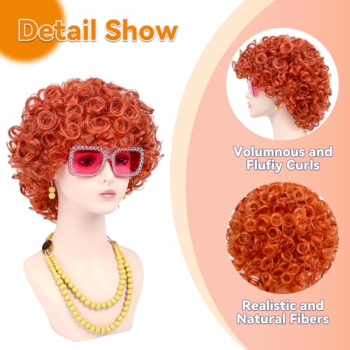 Image of Women Roper Curly Orange Red Cosplay Wig with Necklace Earrings and Sunglasses for Women Hallween Costume Wig