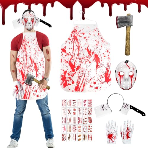 Shinybox Disfarce de açougueiro de Halloween, 35 peças Deguisement Halloween com avental açougueiro diadema luvas machado de plástico máscara sangrante e tatuagem autocolantes para carnaval cosplay
