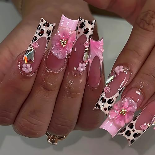 Long Square Press on Nails French Tip Fake Nails with Flower Design False Nails Elegant Full Cover Nails for Women and Girls 24pcs