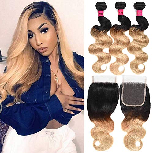 Black Friday Ombre Brazilian Human Hair 2 Tone Ombre Blonde Hair 3 Bundles With 4x4 Lace Closure Brazilian Virgin Hair Body Weft Human Hair Extensions 1b/27 Ombre Human Hair (18"20"22"+18"closure)