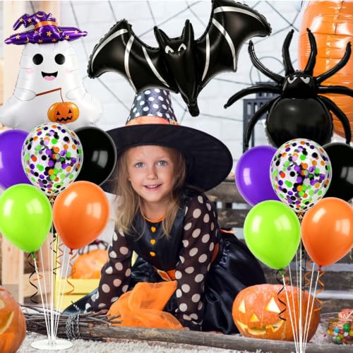 Image of 6 Sets Halloween Ghost Spider Bat Foil Balloon Stand Kits for Table Decor | Halloween Orange Black Green Purple Confetti Balloon for Haunted House Spooky Trick or Treat Party Table Centerpiece Supplies