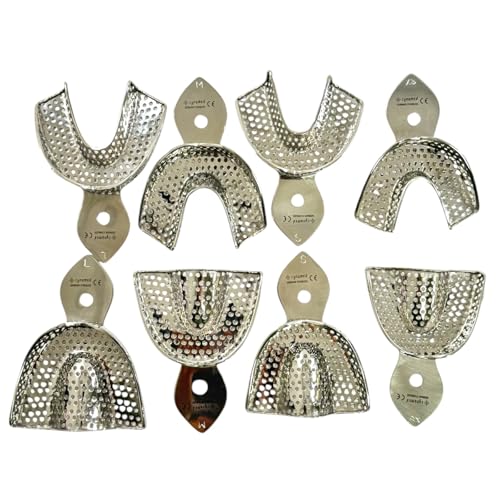 Denture Impression Trays, Upper and Lower, Perforated, Sizes Extra-Small, Small, Medium, & Large [ 8 Count ] German Stainless Steel Dental Lab Tools